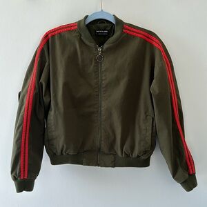 The Fifth Label Cotton Olive Green Khaki Red Stripe Ruffle Bomber Jacket Small